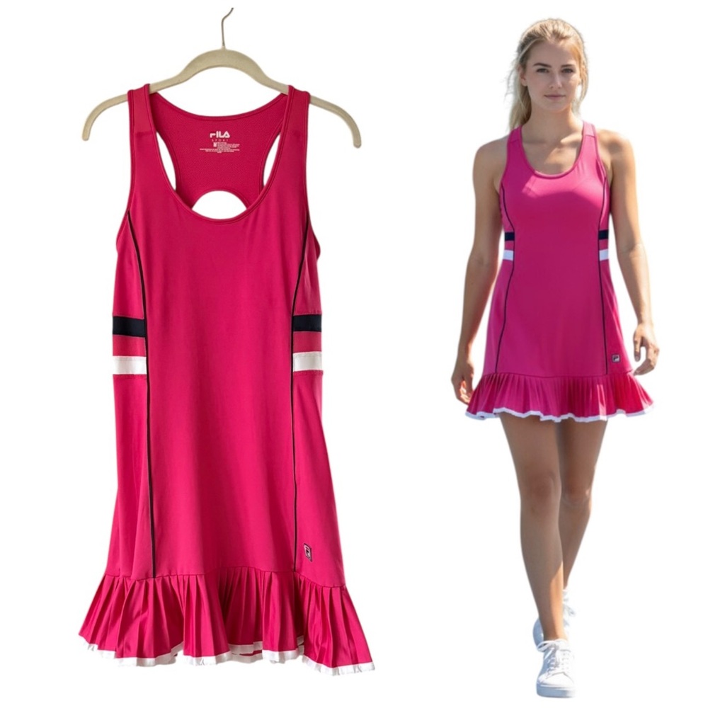 Fila Ruffle Hem Athletic Tennis Dress Size Medium Racer Back Hot Pink Navy